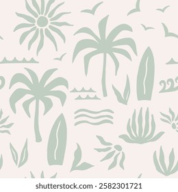 Abstract tropical seamless pattern with palm leaves, surfboard and sun. Hand drawn minimal art background. Fabric textile print. Surface cover design.