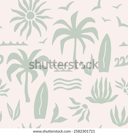 Abstract tropical seamless pattern with palm leaves, surfboard and sun. Hand drawn minimal art background. Fabric textile print. Surface cover design.