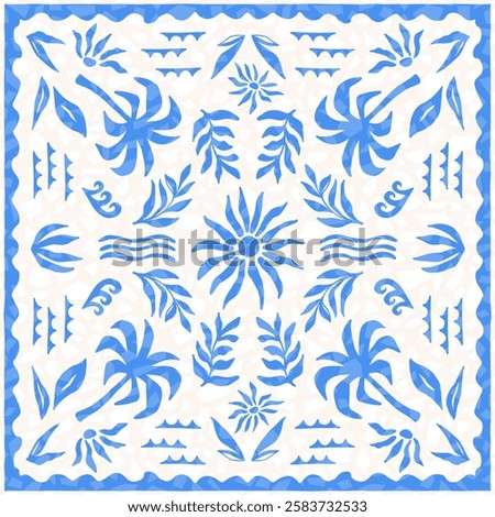 Abstract tropical seamless pattern with palm, leaves, wave and sun. Hand drawn minimal mosaic tile background. Surface cover design. Fabric textile print bandanas.