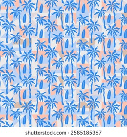 Abstract tropical seamless pattern with palms and surfboards. Hand drawn minimal mosaic tile background with geometrical elements. Surface cover design. Fabric textile print.