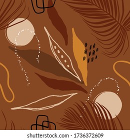 Abstract tropical seamless pattern with shapes and leaves in brown, black, white and beige on light background. Wall art, greeting card, social media post, botanical paper design. Vector illustration.