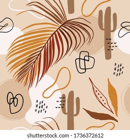 Abstract tropical seamless pattern with shapes and leaves in brown, black, white and beige on light background. Wall art, greeting card, social media post, botanical paper design. Vector illustration.
