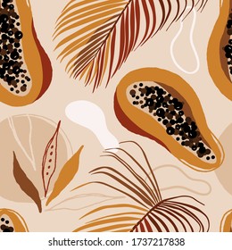 Abstract tropical seamless pattern with shapes and leaves in brown, black, white and beige on light background. Wall art, greeting card, social media post, botanical paper design. Vector illustration.