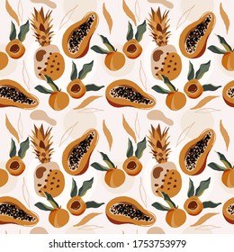 Abstract tropical seamless pattern with shapes and fruits in brown, orang, white and beige on light background. Wall art, greeting card, social media post, botanical paper design. Vector illustration.