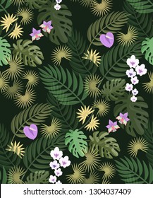Abstract tropical seamless pattern for textile. Summer background with palm tree leaves and tropic flowers.