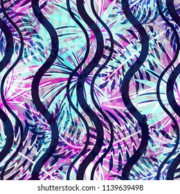 Abstract tropical seamless pattern with wave lines. Vector background for fabric,textile, wrapping. 