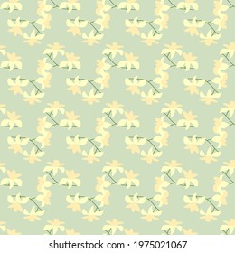 Abstract tropical seamless pattern with yellow hawaii flowers silhouettes print on light green background. Perfect for fabric design, textile print, wrapping, cover. Vector illustration.