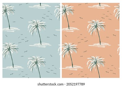 Abstract Tropical Seamless Vector Pattern with Hand Drawn Palm Trees and Dessert Islands Isolated on a Mint Blue and Pale Orange Background Ideal for Fabric, Textile, Wrapping Paper.Aloha Party Print.