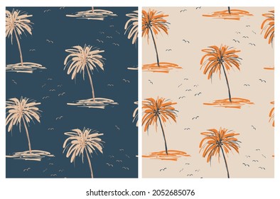 Resumen del patrón de vectores tropicales sin costura con palmeras dibujadas a mano e islas de postre aisladas en un fondo azul oscuro y beige ideal para tela, textil, papel envuelto.Impresión de la fiesta Aloha.