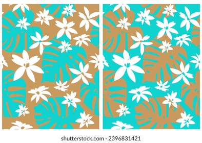 Abstract Tropical Seamless Vector Pattern with Hand Drawn Palm Leaves and White Flowers Isolated on a Vibrant Blue and Gold Background Ideal for Fabric, Wrapping Paper. Aloha Party Print. RGB.