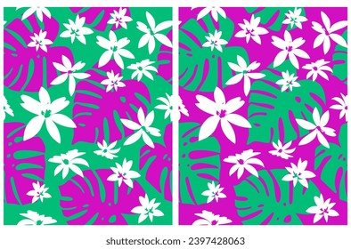 Abstract Tropical Seamless Vector Pattern with Hand Drawn Palm Leaves and White Flowers Isolated on a Turquoise Blue and Vibrant Pink Background Ideal for Fabric, Wrapping Paper.Aloha Party Print.RGB.