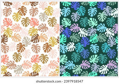 Abstract Tropical Seamless Vector Pattern with Hand Drawn Monstera Leaves Isolated on a White and Dark Green Background Ideal for Fabric, Wrapping Paper. Aloha Party Print. RGB. Exotic Garden Print.