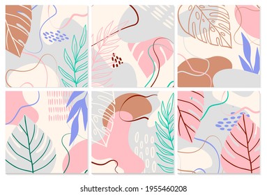 Abstract tropical set background with geometric shapes, palm leaves in pastel colors. Blue, pink, brown modern collage for posters. Vector illustration in trendy style abstract design,monstera leaf