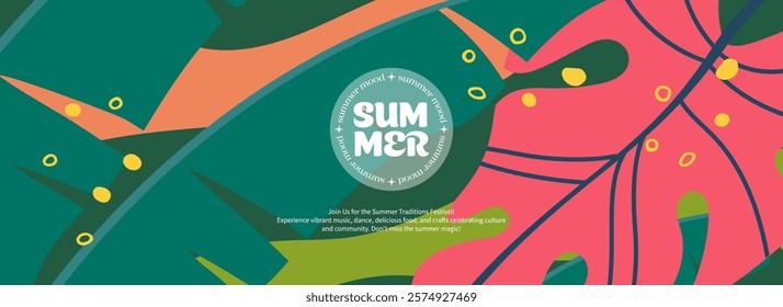 Abstract tropical summer background with exotic leaves. Bright template banner with nature pattern. Vector illustration.
