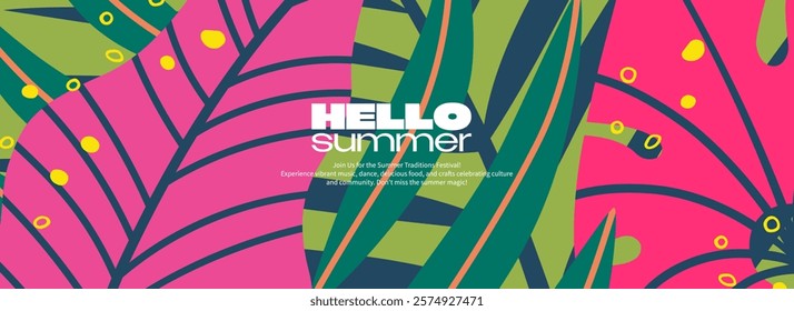 Abstract tropical summer background with exotic leaves. Bright template banner with nature pattern. Vector illustration.
