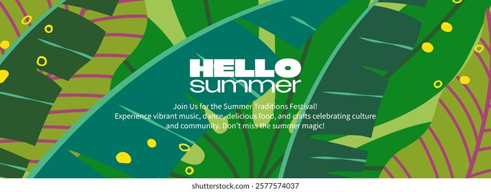 Abstract tropical summer background with exotic leaves. Bright template banner with nature pattern. Vector illustration.	