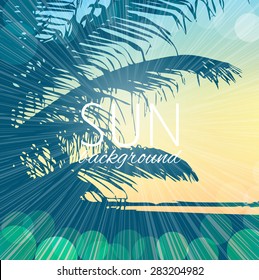 abstract tropical summer evening landscape coast to the sea with the sun and palm tree