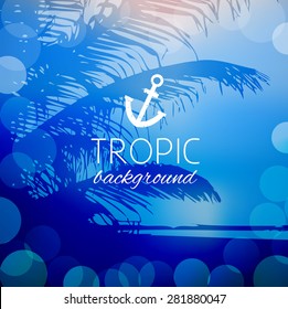abstract tropical summer landscape ocean coast of the sea with a palm tree and bokeh