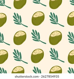 Abstract tropical summer pattern with coconut and leaf in cartoon flat style. Design for wallpaper, prints, textile, wrapping paper, background. Hand drawn vector illustration