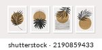 Abstract tropical summer poster set in modern mid century style. Minimal illustration of hand drawn textured sun, watercolor palm leaves for print, cover, boho home decor, wallpaper design Vector art