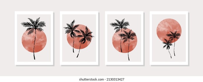 Abstract tropical summer poster set in modern mid century style. Minimal illustration with hand drawn textured sun, palm trees for minimalist print, cover, boho home decor, wallpaper design Vector art