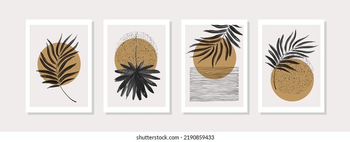 Abstract tropical summer poster set in modern mid century style. Minimal illustration of hand drawn textured sun, watercolor palm leaves for print, cover, boho home decor, wallpaper design Vector art