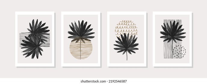 Abstract tropical summer poster set in modern mid century style. Minimal illustration of hand drawn textured sun, watercolor palm leaves for print, cover, boho home decor, wallpaper design Vector art