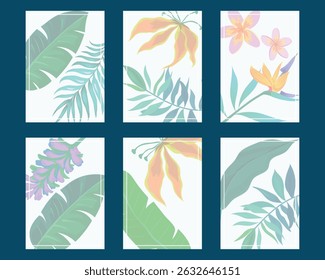Cartazes de verão tropical abstrato definido. Projeto de fundo botânico para impressões emolduradas de parede, impressões de tela, cartaz, decoração de casa, capa, papel de parede.