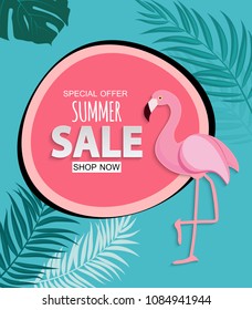 Abstract Tropical Summer Sale Background with Flamingo and Leaves. Vector Illustration EPS10