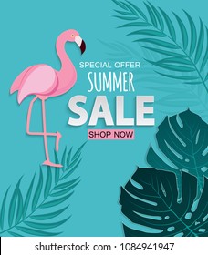 Abstract Tropical Summer Sale Background with Flamingo and Leaves. Vector Illustration EPS10