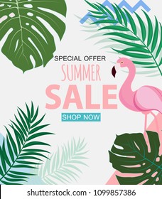 Abstract Tropical Summer Sale Background with Flamingo and Leaves. Vector Illustration EPS10