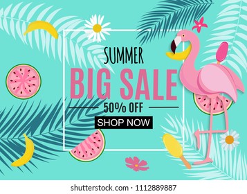 Abstract Tropical Summer Sale Background with Flamingo and Leaves. Vector Illustration EPS10