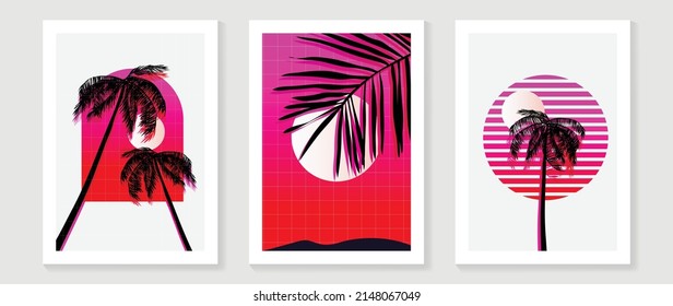 Abstract tropical summer wall art template. Futuristic sunset wallpaper with circle sun, grid, palm leaves, coconut trees. Pink gradient color painting for wall decoration, interior, cover, banner.