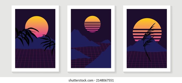 Abstract tropical summer wall art template. Futuristic sunset wallpaper with circle sun, grid, palm leaves, ocean, sea. Gradient color modern painting for wall decoration, interior, cover, banner.