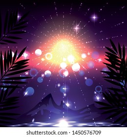 Abstract tropical sunset background with palm trees and tranquil ocean