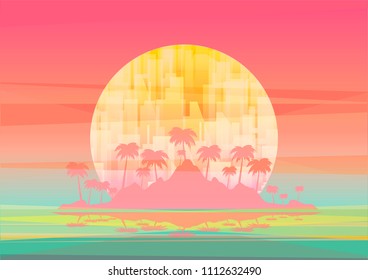abstract tropical sunset over ocean and palm island vector illustration