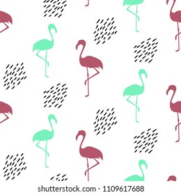 ABSTRACT TROPICAL TEXTURE. FLAMINGO AND PALM LEAF HAND DRAW COMPOSITION OF SUMMER FEELING SEAMLESS VECTOR PATTERN.