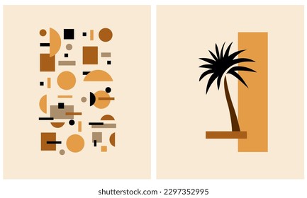 Abstract Tropical Vector Illustration. Black, Brown and Yellow Palm Tree and Dessert Island Isolated on a Beige Background. Exotic Landscape Print. Minimalist Geometric Art. Aloha Party Print.