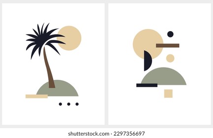 Resumen de la Ilustración del Vector Tropical. Isla de palmeras y postres de color negro, beige y verde pálido aislado en un fondo blanco. Impresión de paisajes exóticos. Imagen minimalista del partido Aloha.