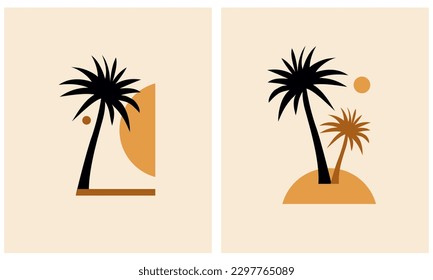 Resumen de la Ilustración del Vector Tropical. Isla de palmeras y postres negras, marrones y amarillos aislados en un fondo beige. Impresión de paisajes exóticos. Imagen minimalista del partido Aloha.