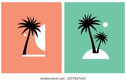 Abstract Tropical Vector Illustration. Black and White Palm Tree and Dessert Island Isolated on a Coral and Neon Green Background. Exotic Landscape Print. Minimalist Geometric Art. Aloha Party Print.