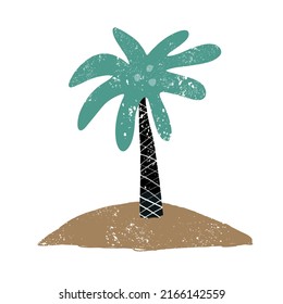 Abstract Tropical Vector Illustration with Grunge Hand Drawn Palm Tree and Dessert Island Isolated on a White Background. Aloha Party Print Ideal for Wall Art, Card, Poster. Cool Palm Tree.
