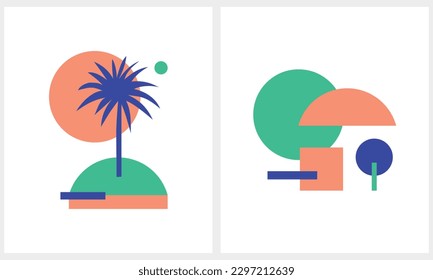 Abstrakte tropische Vektorgrafik. Royal Blue, Green und Coral Red Palm Tree und Dessert Island einzeln auf weißem Hintergrund. Exotische Landschaftsdrucke. Minimalistische Geometrische Kunst. Aloha Party Print.