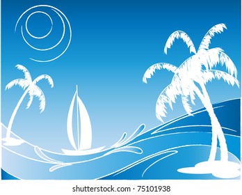 abstract tropical vector with sail-boat and palm trees
