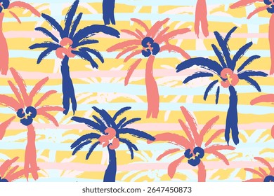 Abstract tropical vector seamless pattern. Pink blue stripes, palm trees, coconuts. For fabric prints, textile products, beachwear. Summer vacation.