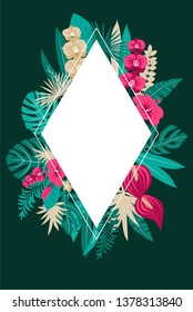 Abstract tropics Collection. Tropical exotic vector flowers and leaves. Set floral illustration. Collection for invitation to party or holiday