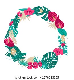 Abstract tropics Collection. Tropical exotic vector flowers and leaves. Set floral illustration. Collection for invitation to party or holiday