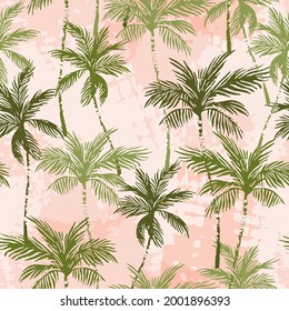 Abstract tropics seamless pattern. Grunge palm trees silhouettes transparent texture background. Jungle vector art. Hand drawn exotic illustration for summer design, beach swimwear fabric, wallpaper