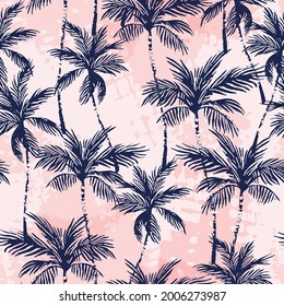 Abstract tropics seamless pattern. Grunge palm trees silhouettes transparent texture background. Jungle vector art. Hand drawn exotic illustration for summer design, beach swimwear fabric, wallpaper