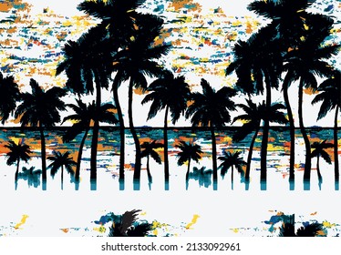 Abstract tropics seamless pattern. Grunge palm trees silhouettes transparent texture background. Jungle vector art. Hand drawn exotic illustration for summer design, beach swimwear fabric, wallpaper